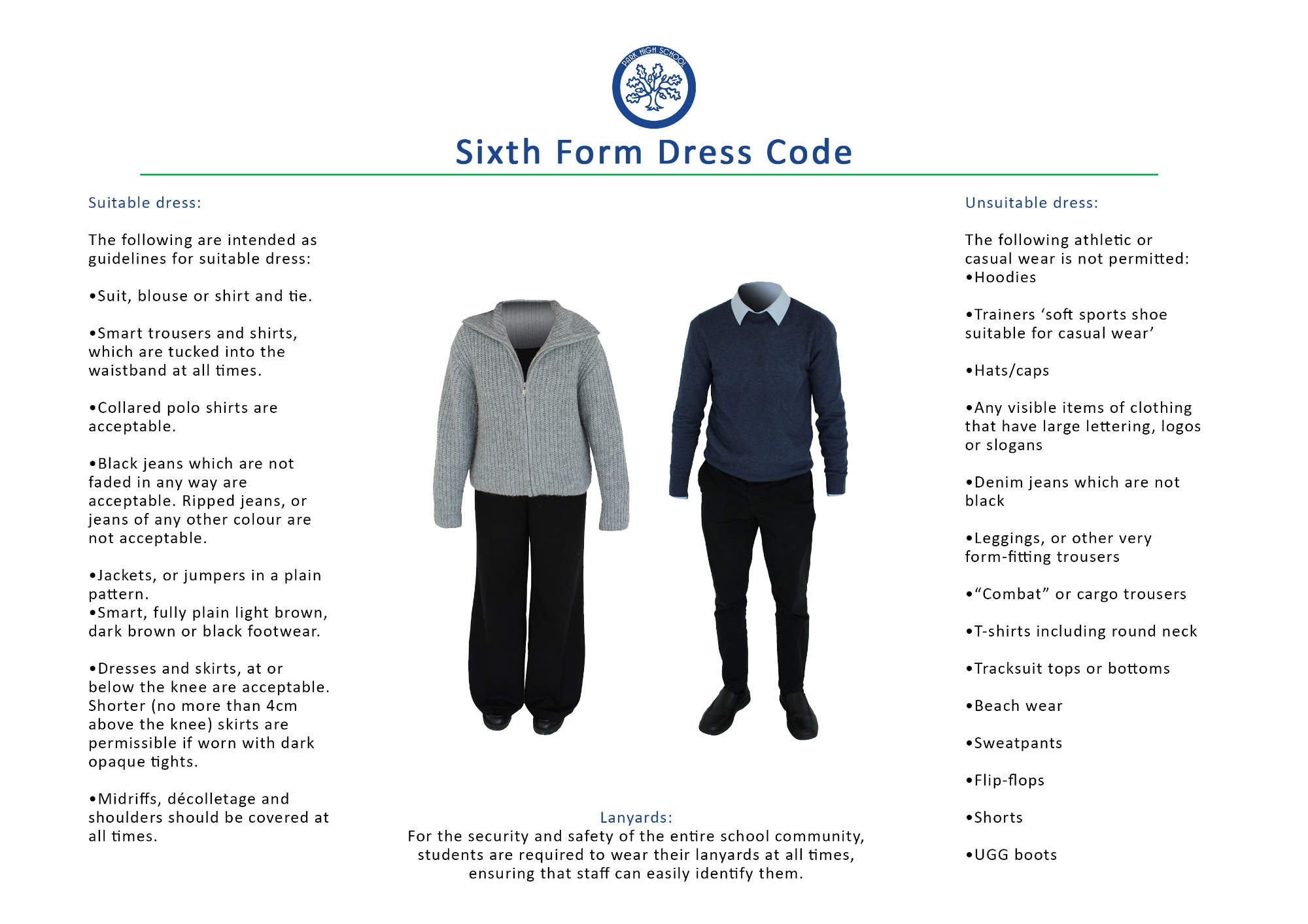 Sixth Form Suitable dress Shirt Jumper Trousers Shoes Lanyard